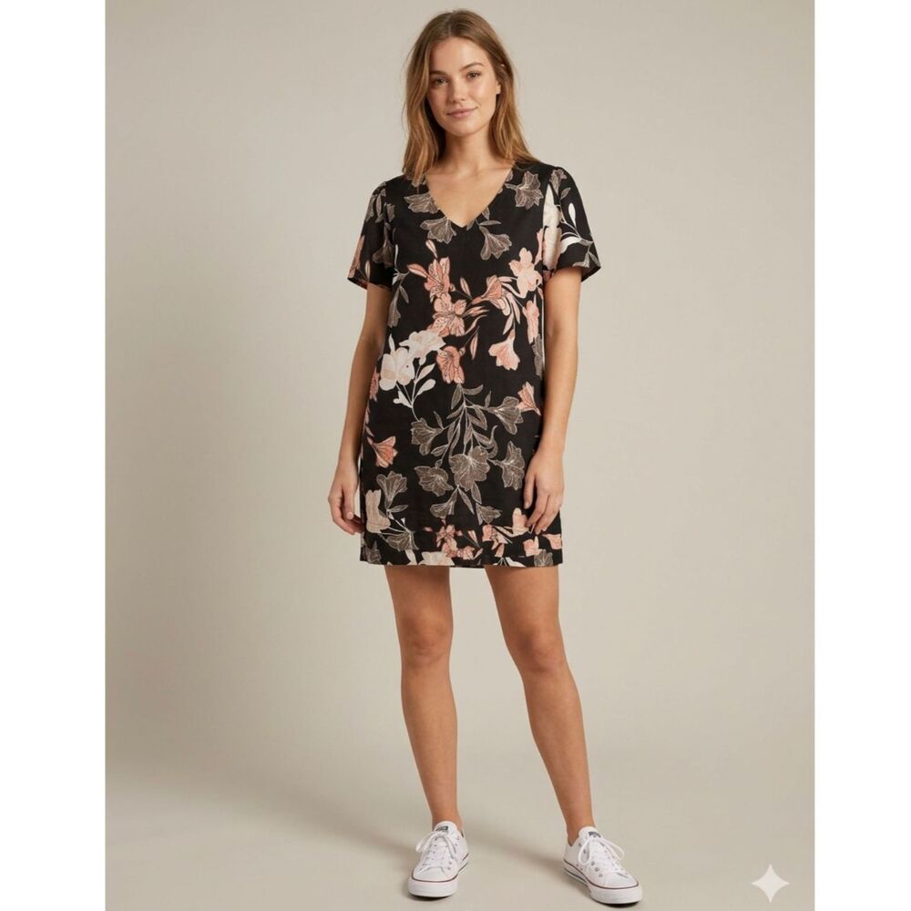 Nicole Miller Linen Mini Dress Large Floral Botanical V Neck Tropical Resortwear